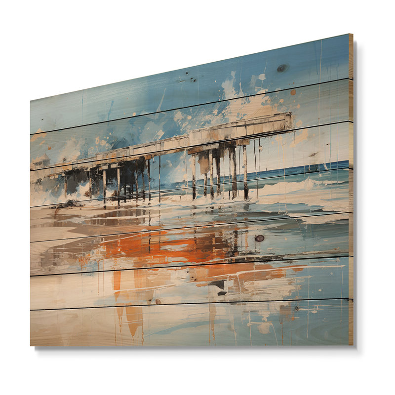 Modern Watercolor Pier Horizon I - Coastal Pier Wood Wall Art On Natural Pine Wood, 10" H x 20" W