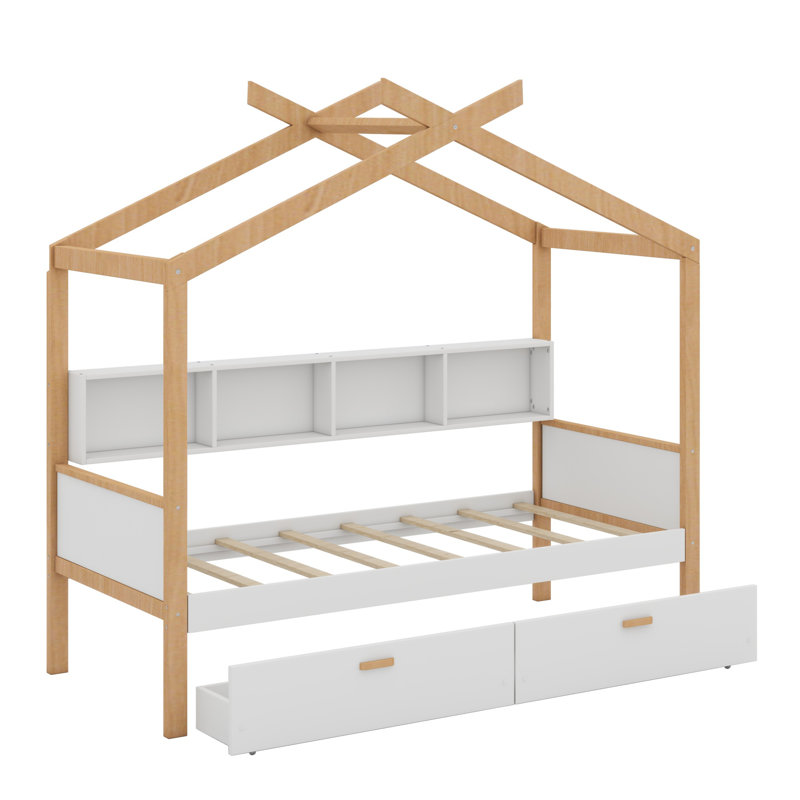 Lit en bois avec tiroirs et bibliothèque