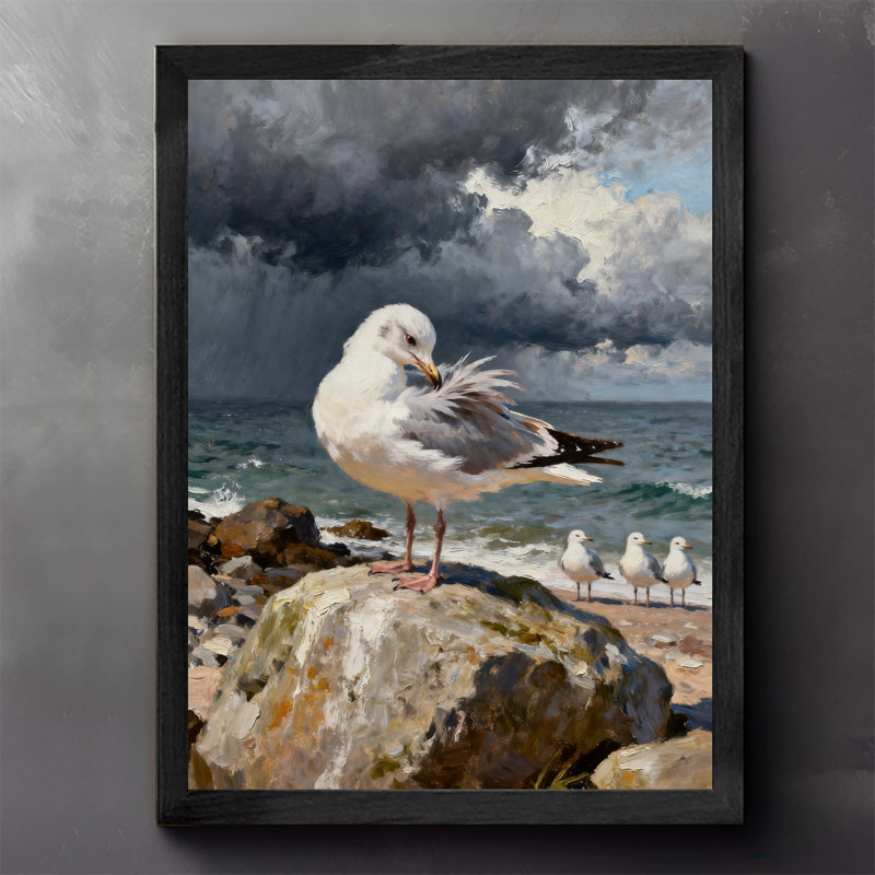 Art mural rétro noir encadré de mouette sur la plage, impressions de style rétro, H 17 po x l 13 po