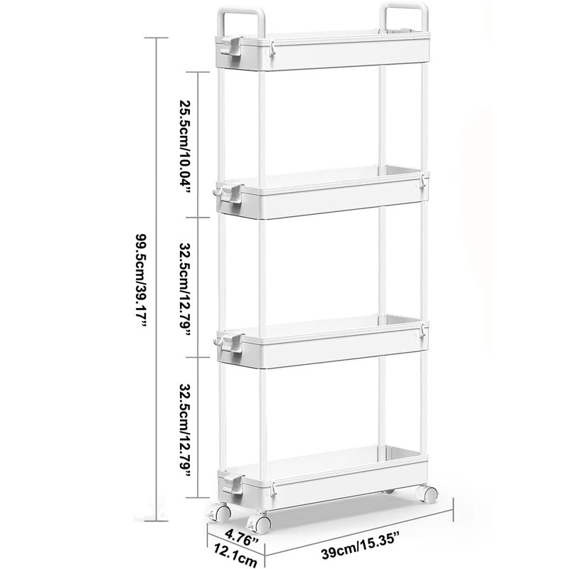 Chariot de rangement à roulettes 4 niveaux, organisateur étroit pour salle de bain, Blanc
