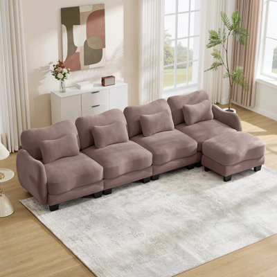 Oversize Chenille L-shaped 4-Seater Sofa , With 4 Exquisite Waist Pillows and 1 Movable Ottoman ,Ergonomic Curved Design, Easy to Assemble Modular Couch for Living Room Office