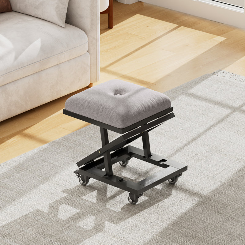 Modern Adjustable Height Lifting Foot Stool With Wheels Grey Fabric Ottoman Portable Metal Footstool, Foldable Steel Frame