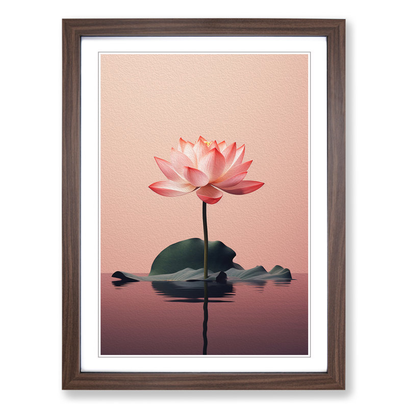 Lotus Flower Minimalism - Single Picture Frame Print on Wood, 34cm H x 25cm W x 2cm D, Walnut