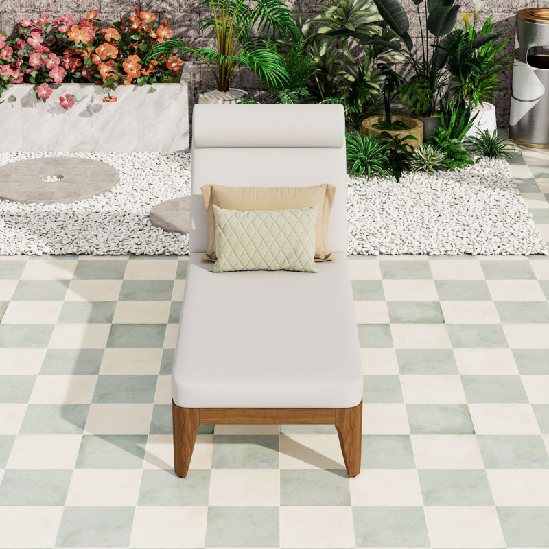 Chaise longue en bois avec dossier réglable et coussin de tête, Beige