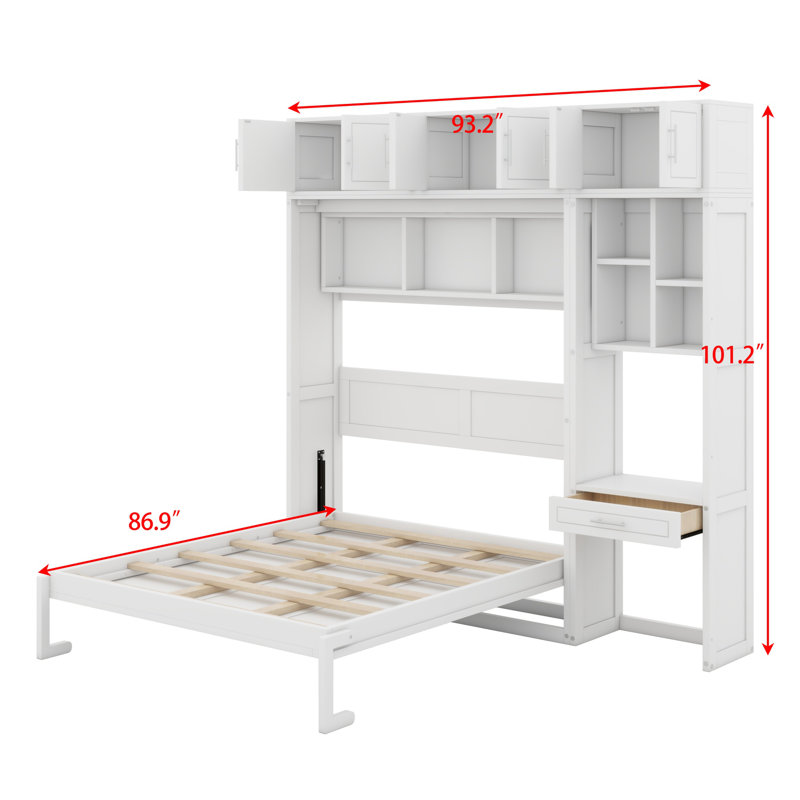 Lit escamotable mural avec bureau, armoire supérieure et tablettes de rangement, lit pliable peu encombrant, blanc