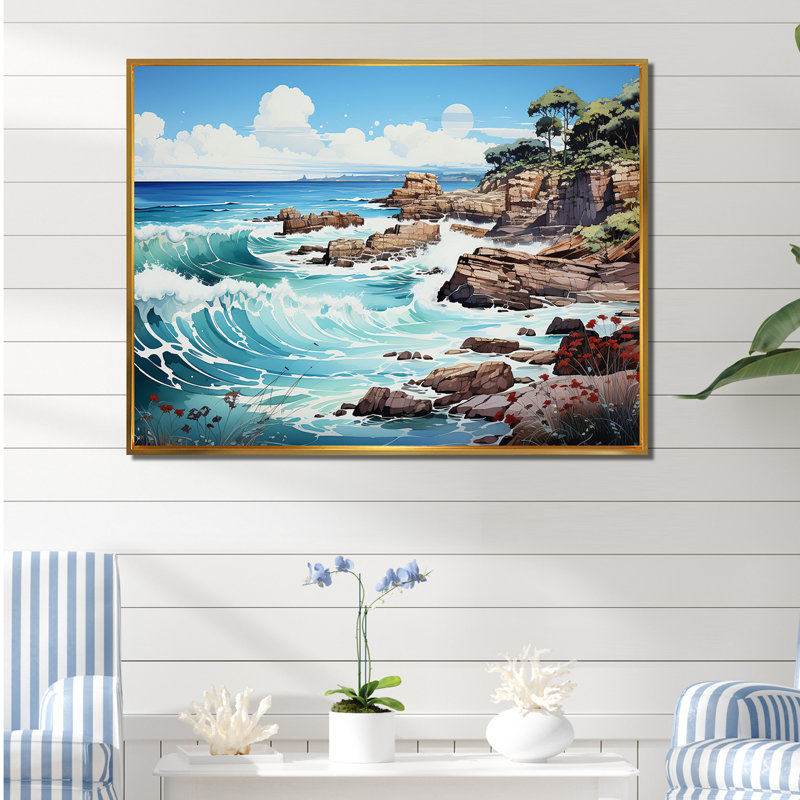 «Blue Beach Waves Fusion II», reproduction sur toile, H 30 po x l 40 po x P 1,5 po, Cadre flottant doré