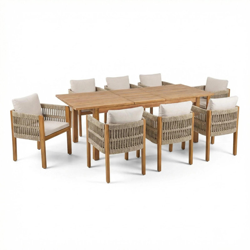 Cullors 9-Piece Modern Coastal Acacia Wood Patio Dining Set With Rope-Wrapped Armchairs And Expandable Slatted Table
