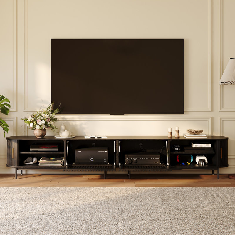 Mid-Century Modern TV Stand, Sliding Door, Fully Assembly, 21.25"H x 118"L x 15.75"W, Black