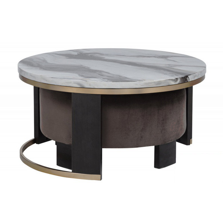 Ensemble de 2 tables basses gigognes, plateau rond en faux marbre avec repose-pieds, canapé de salon moderne