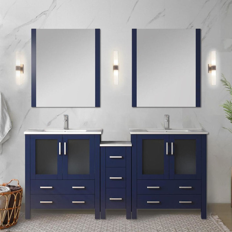 Mestas Meuble-lavabo double pour salle de bain, armoires latérales, comptoir en céramique blanche, 28 miroirs, mécanisme de fermeture en douceur, baignoire longue bleue, comptoir, fermeture, sept tiroirs