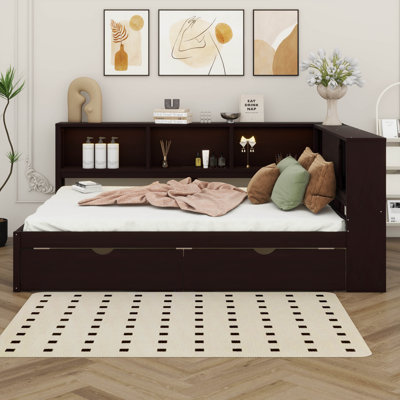 Queen Corner Platform Bed Frame With USB Port And Led Light, L-Shaped Corner Daybed With Shelf & Cabinet, Sliding Door Design