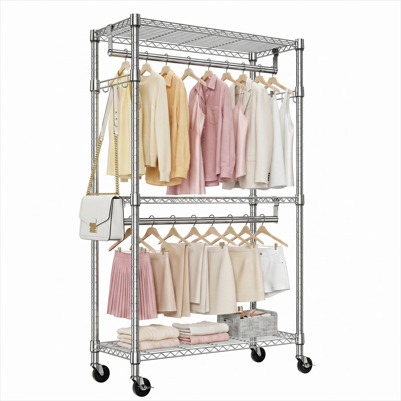 Entry and Bedroom Storage Rolling Garment Rack, Polished Silver Carbon Steel 3 Tier Adjustable with Side Hooks and Lockable Wheels