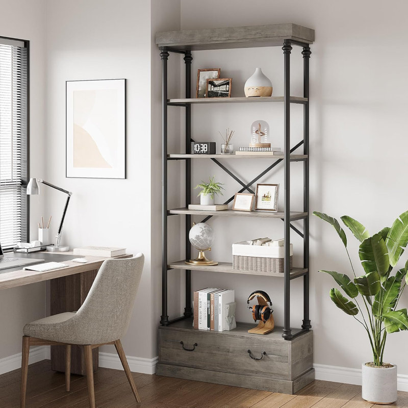 Gray Industrial Corner Bookshelf with Drawers and Metal Frame