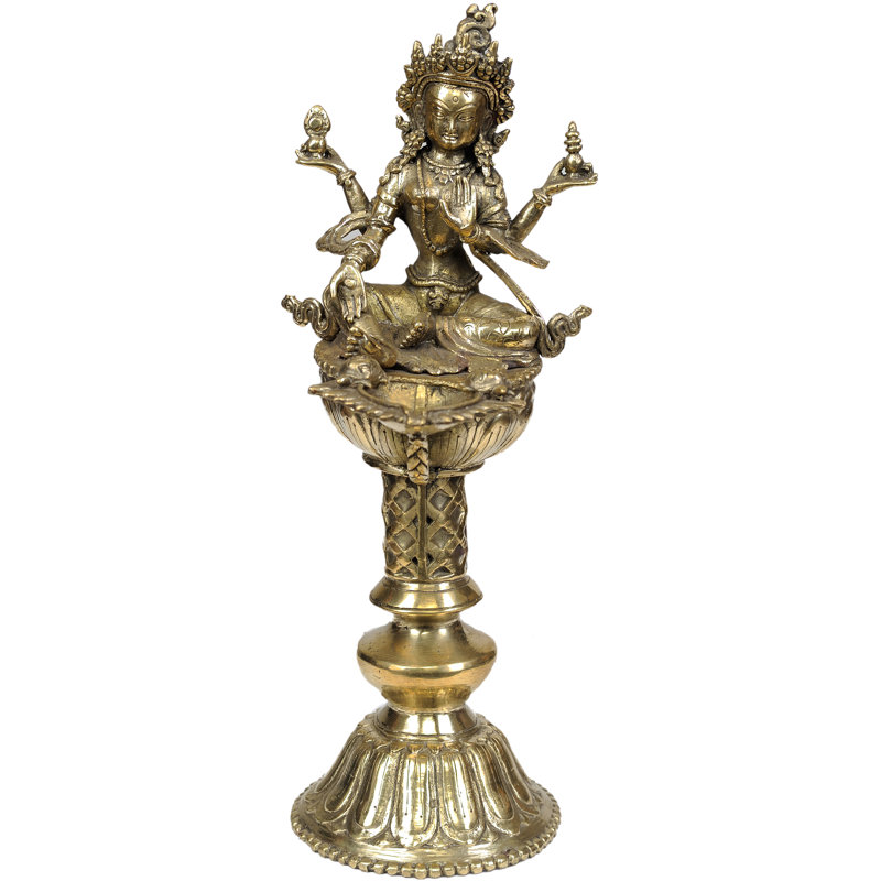 Statue de laiton déesse népalaise faite à la main de 12 po avec lampe - statue en laiton, richesse et lumière de bon augure, décor d'art indien pour autel ou espace de vie