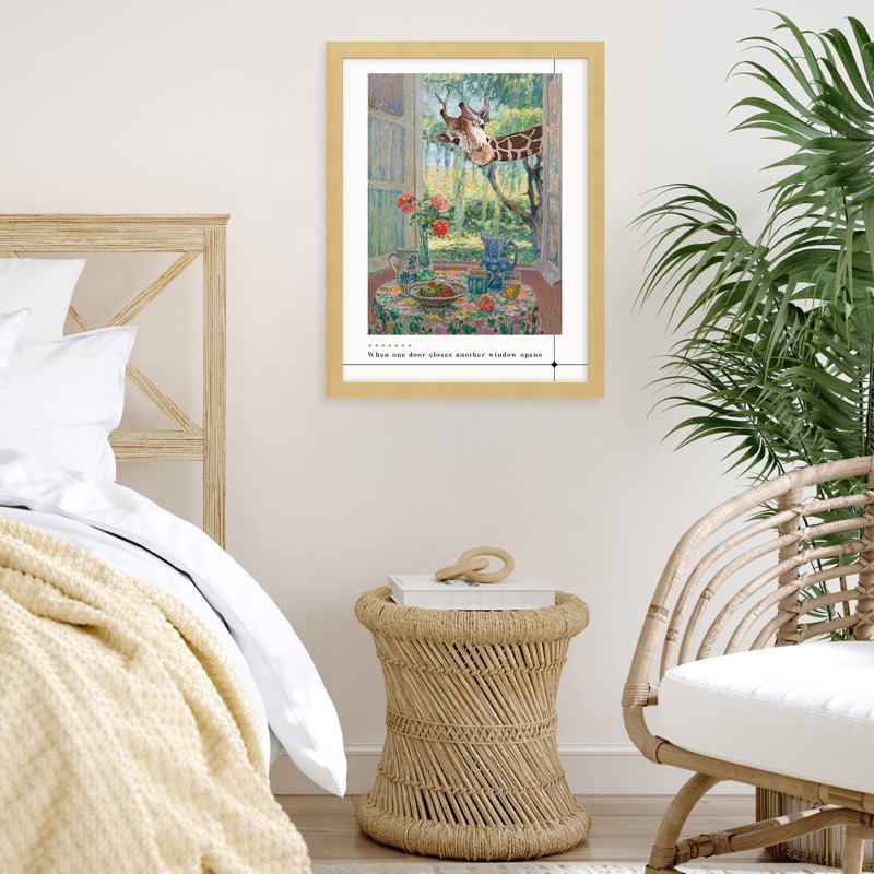 «Girafe avec fleur pastel et tasses à thé» sur papier, Naturel