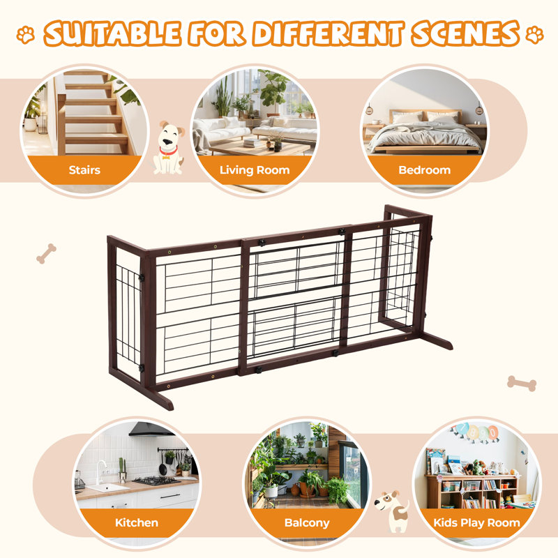 Barrière rétractable pour chien, barrière réglable pour bébé de 38 à 60 po avec bois et fil pour portes et escaliers, brun