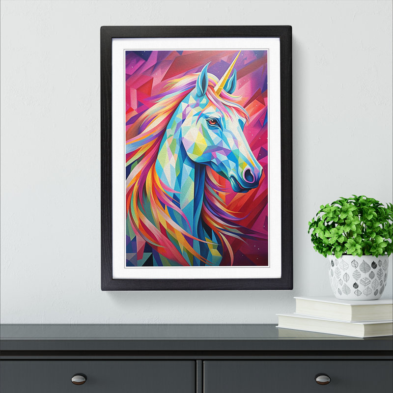 Unicorn Hard Edge Painting - Single Picture Frame Print on Wood, Black Framed, 34cm H x 25cm W