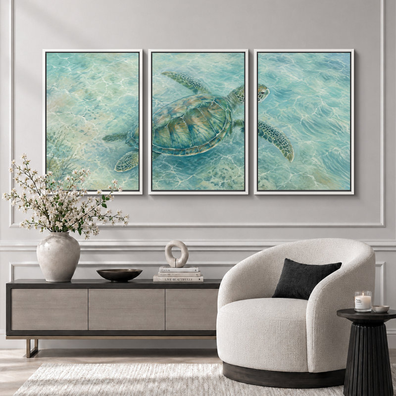 Art de tortue de mer, images de salle de bain, impression sur toile encadrée, 3 pièces, H 24 po x l 48 po x P 1,5 po