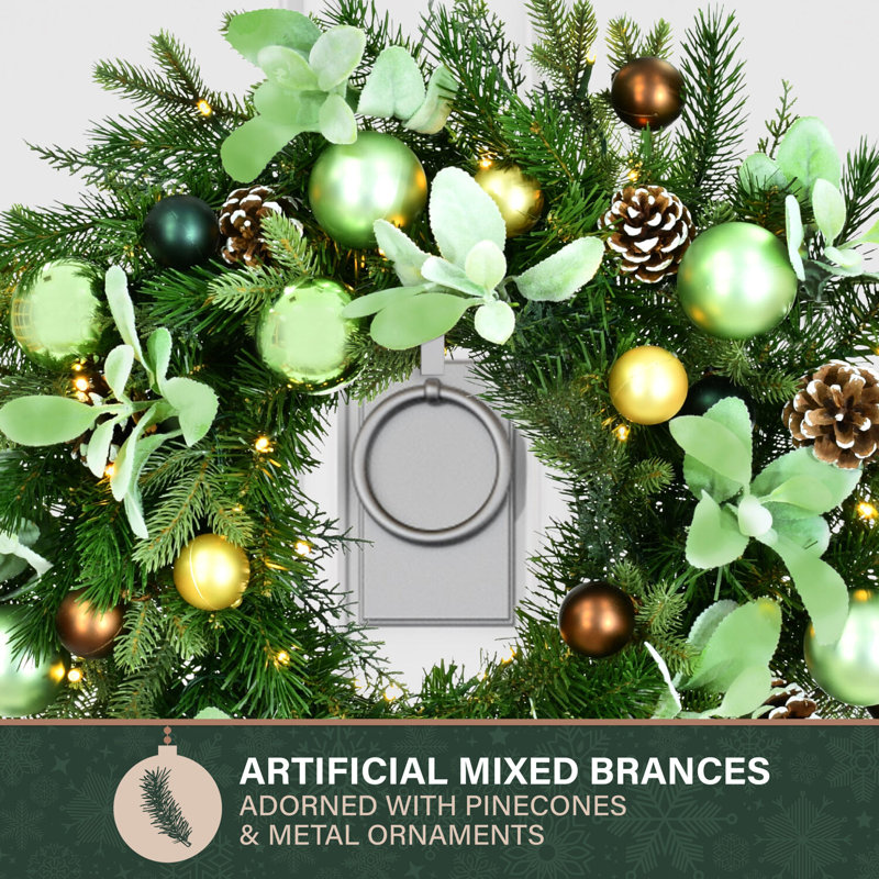 24-Inch Green and Brown Artificial Christmas Wreath with Pinecones and LED Lights