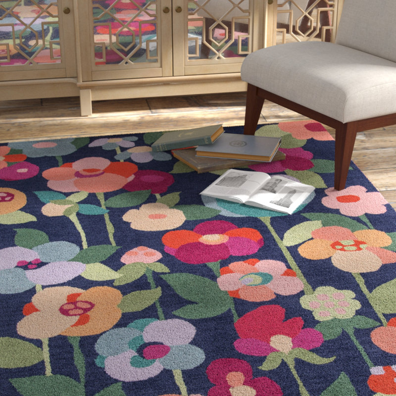 Hand-Tufted Navy Wool Floral Area Rug 8' x 10'