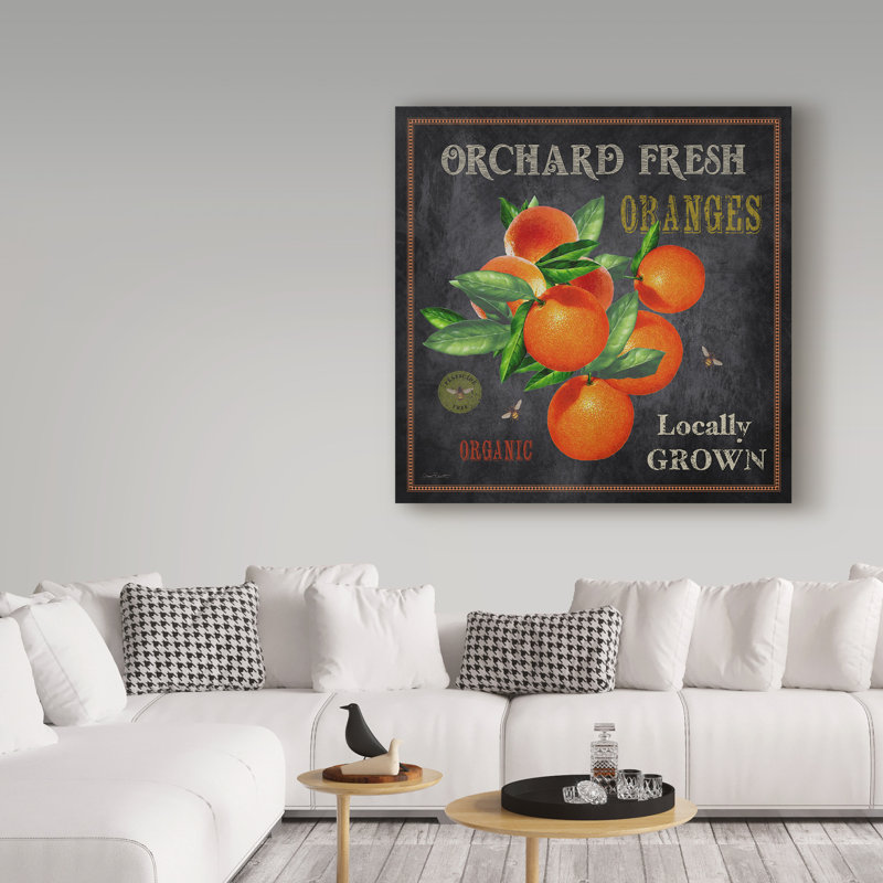 Publicité rétro sur toile tendue «Orchard Fresh Oranges» par Deagen, H 14 po x l 14 po x P 2 po