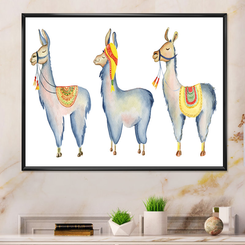 " Cute Llama Cartoon Set ", 8" H x 12" W x 1" D, Black Floater Framed
