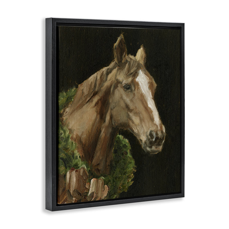 «Horse with Seasonal Wreath», art mural sur toile, par Ethan Harper, H 31 po x l 25 po, Cadre flottant noir de jais