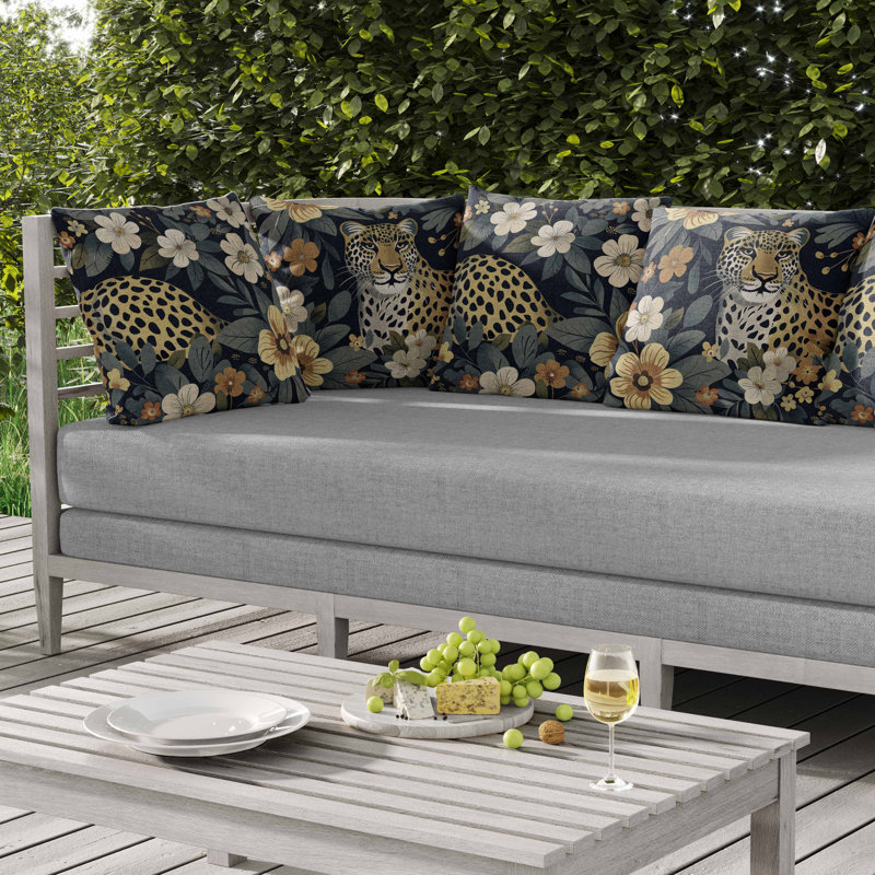 Coussin intérieur / extérieur Jungle Cat, Beige / jaune / gris, Carré 16 po