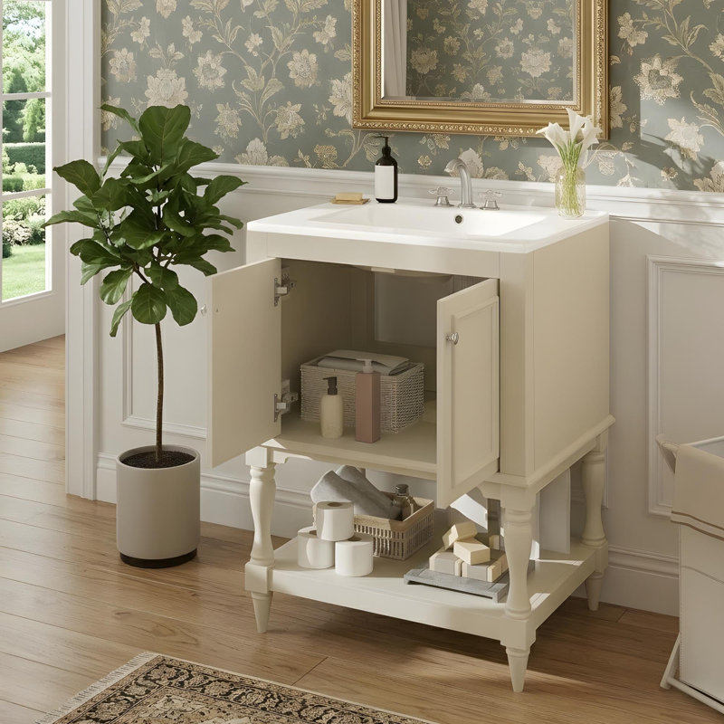 Meuble-lavabo de 24 po avec tablettes ouvertes et armoire avec portes, Beige