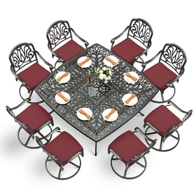 Bloomsbury Market 9-piece Outdoor Furniture Dining Set For 8, All-weather Cast Aluminum Patio Table And Chairs Set With 8 Swivel Rocker Chairs, 63.98" Large Square Dining Table With 2.2" Umbrella Hole