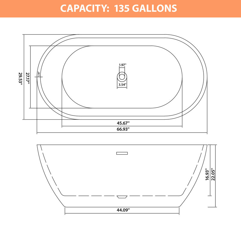 66.93 Inch Large Freestanding Acrylic Bathtub Dimension Blueprint