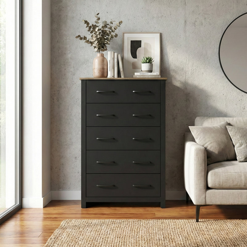Commode 5 tiroirs H 46,7 po Walter, Noir / chêne noueux