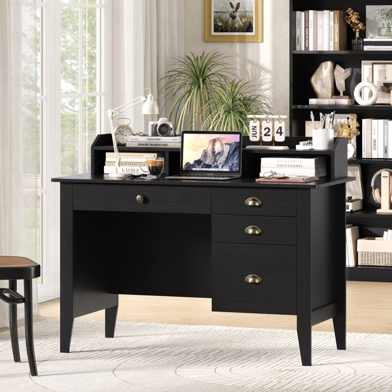2-Piece Office Set, S-Shape Open Bookshelf & Computer Desk Set,  Modern Computer Desk with Storage Drawers +6-tier tall bookcase