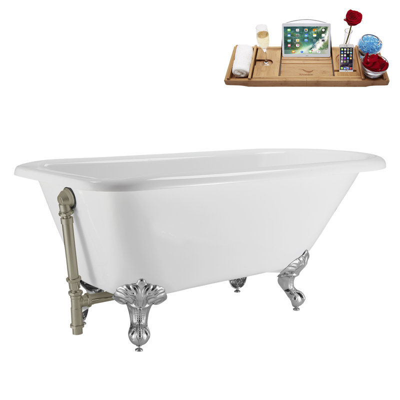 62" Streamline Clawfoot Tub,Tray,Drain, Clawfeet, Polished Chrome, Brushed Nickel