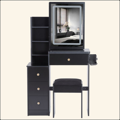 Small Size Left Bedside Cabinet Vanity Table + Cushioned Stool, 2 AC+2 USB Power Station, Hair Dryer Bracket, Extra Large Touch Control Sliding LED Mirror, Tri-Color Switching, EPA,GCC,UL Certificate