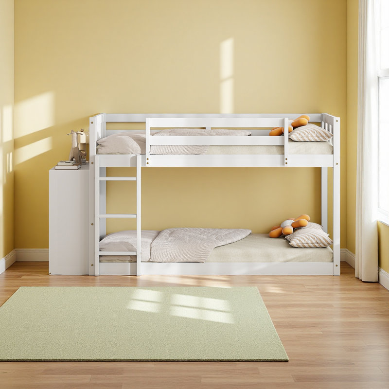 Lit superposé avec 4 tiroirs et 3 tablettes, Simple sur simple, Blanc