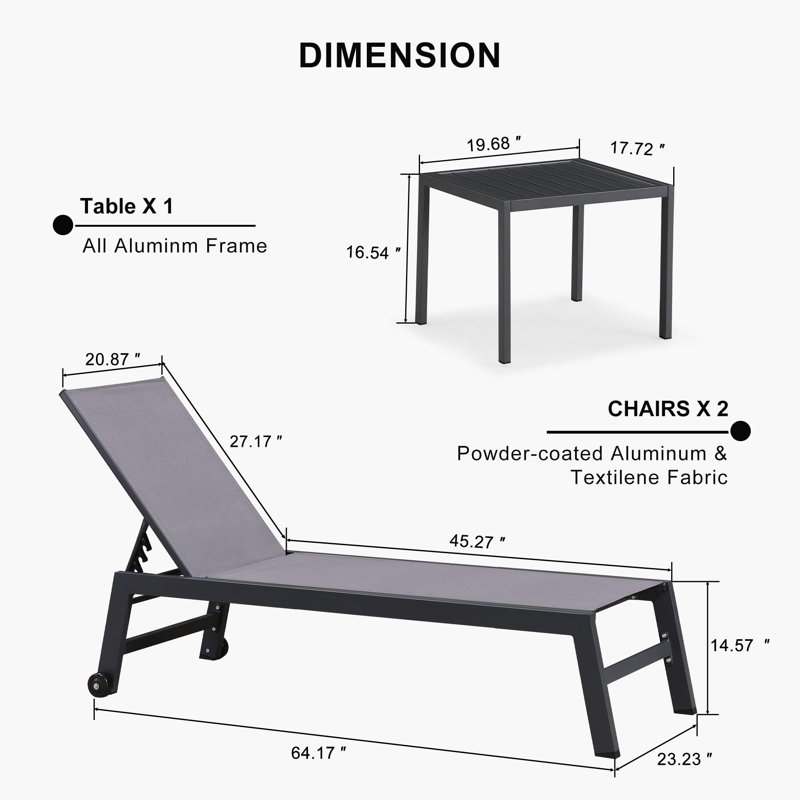 PURPLE LEAF Patio Chaise Lounge Set 2 Pieces Textilene Pool Lounge Chairs with Wheels Sunbathing Chair with 5 Adjustable Position for Outdoor Yard (2 Light Grey Lounges W/Side Table)