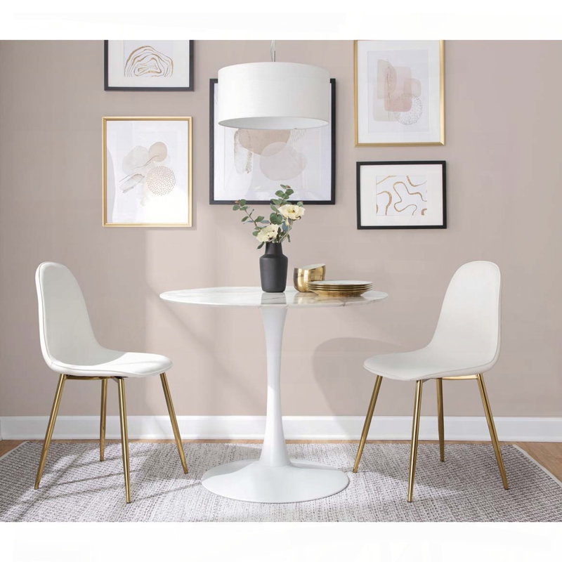 Table moderne - Piédestal en métal blanc avec plateau en placage de marbre blanc, Blanc