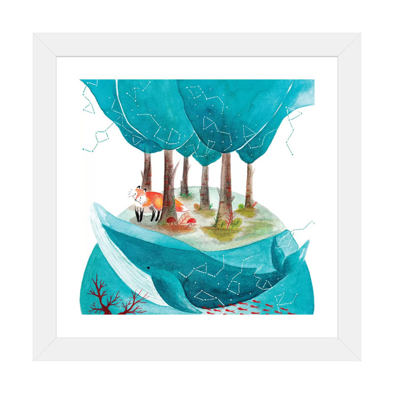 Renard et baleine II - impression, Papier encadré blanc, Blanc, H 16 po x l 16 po x p 1 po