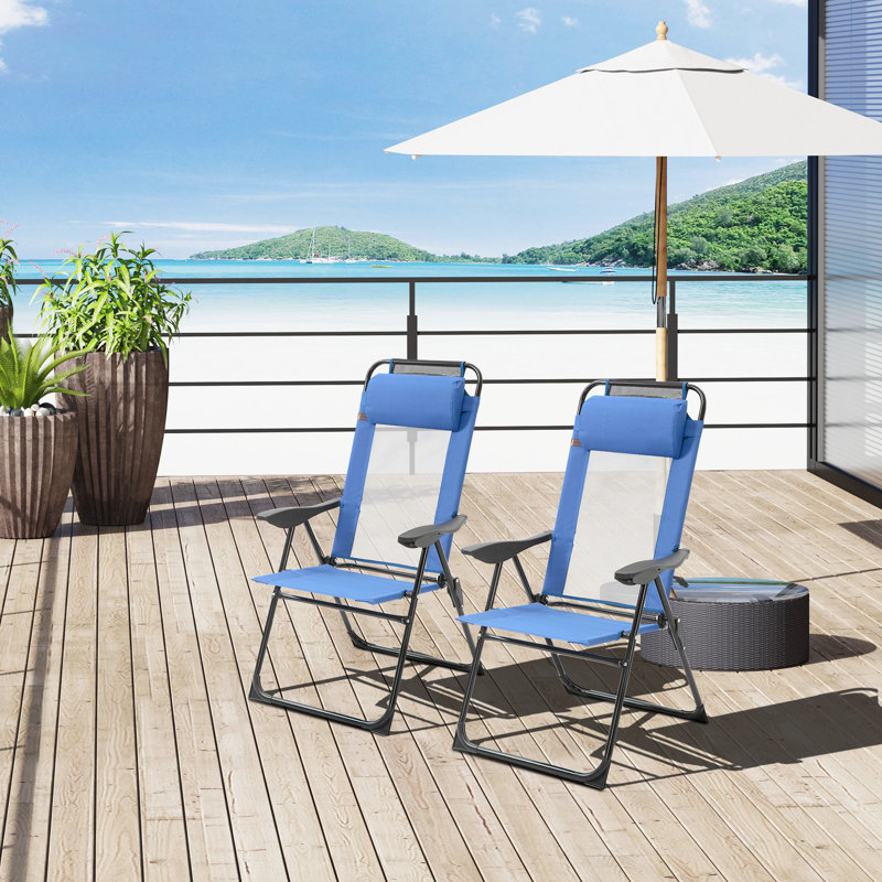 Ensemble de 2 chaises de patio pliantes, chaise bleue à dossier inclinable réglable avec appui-tête amovible pour une utilisation à l'extérieur, jardin, pelouse, cour et