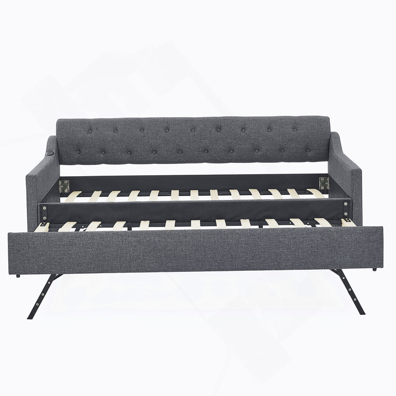 Twin Size Upholstery Daybed With Twin Size Erectable Trundle And USB Charging Design, Dark Gray