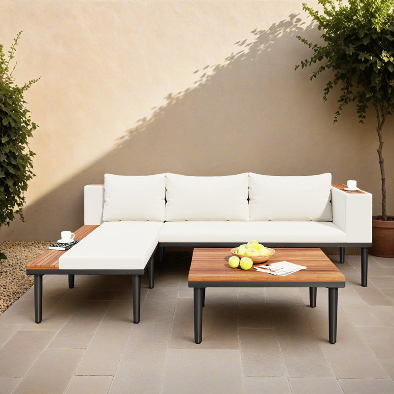 Canapé modulaire en L en bois d'acacia de patio avec table d'appoint et canapé modulaire pour l'extérieur, Beige