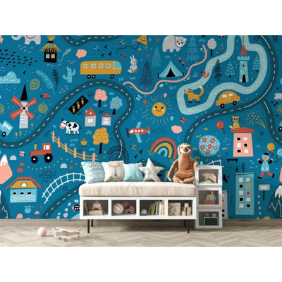 Kids Road Map Wallpaper – Interactive Car Track Playroom Wall Mural