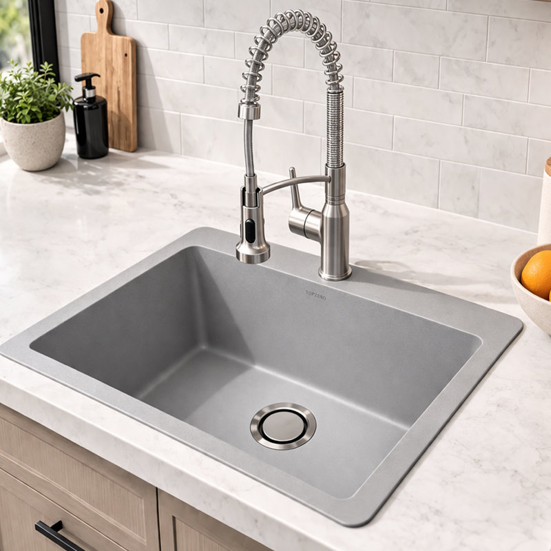 25" Single Bowl Topmount Crystagranite Sink Gray