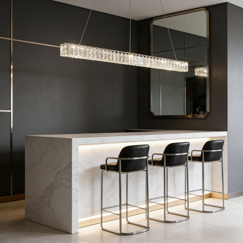 Luminaire suspendu de luxe linéaire en cristal pour salle à manger, luminaire suspendu à DEL tricolore à intensité variable pour îlot de cuisine et bar