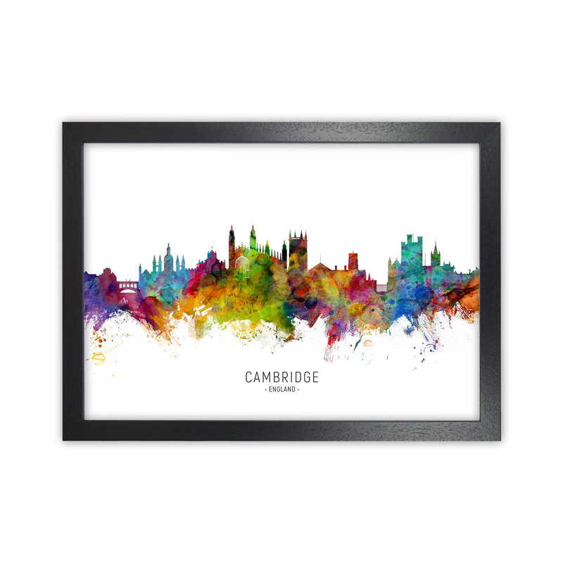 Cambridge England Skyline by Michael Tompsett - Print, 46cm H x 63cm W x 3cm D, Black Framed