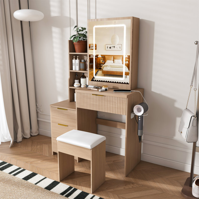 Modern Vanity Desk ,Featuring 3 Modes Of LED Lighting With Adjustable Brightness , With 4 Drawers And Multiple Open Storage Shelves, With A Hair Dryer Holder And Power Socket, A Dressing Chair.