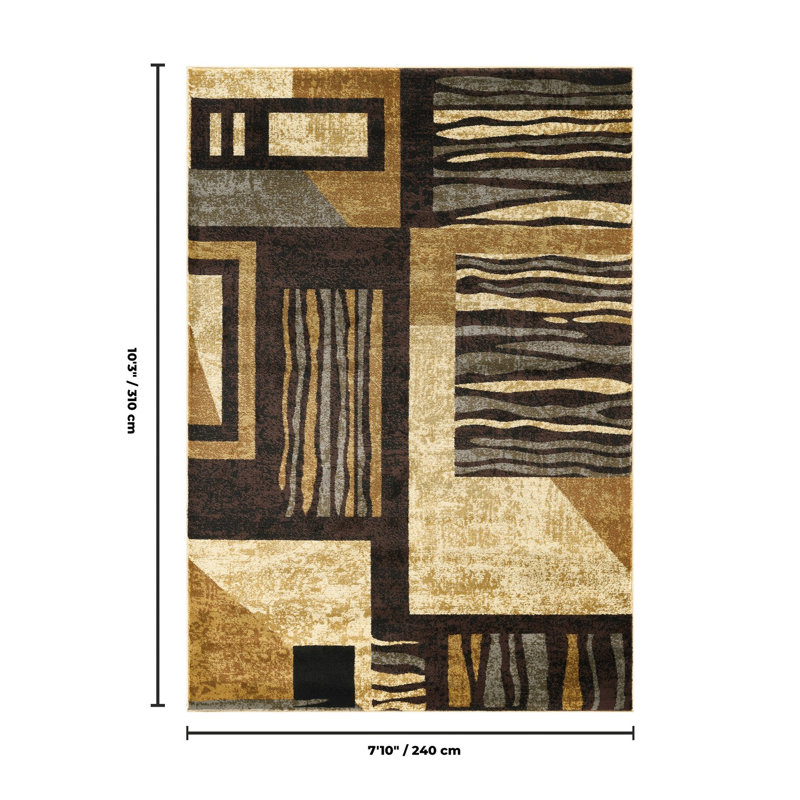Rectangle Geometric Shapes Abstract Geometric Striped Machine Woven
Polypropylene Indoor
Area Rug in Tan Beige Cream Brown Black Green Blue