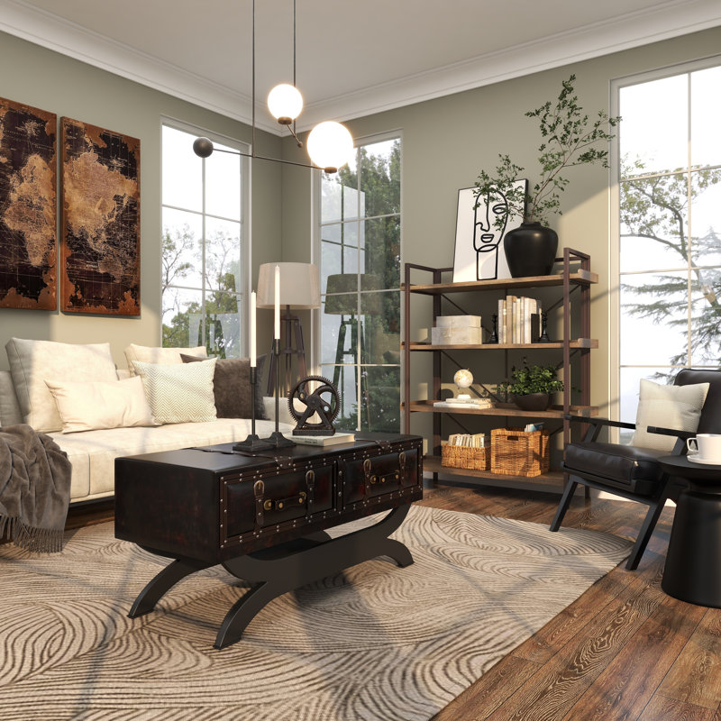 Urbana Dark Brown Faux Leather Vintage Faux Leather 2 Drawer Living Room Coffee Table with Curved Stand and Buckle Accents, 40" x 19" x 21"