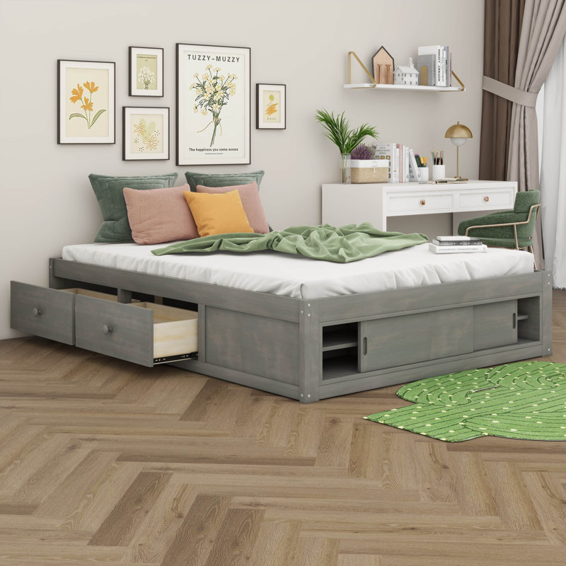 Queen Size Platform Bed Frame With 4 Storage Drawers & Footboard Cubby – No Headboard, Antique Gray